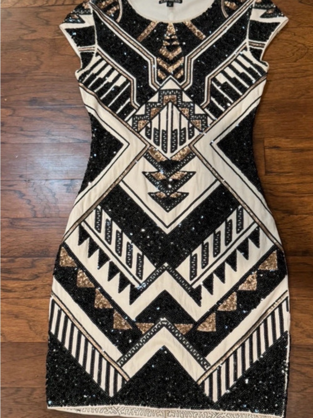 Express Sequin Bodycon Dress in Black, White & Gold